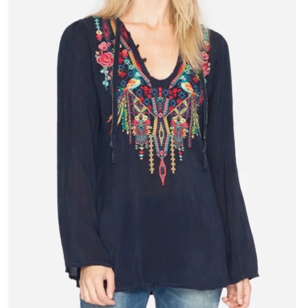 Johnny Was Embroidered Serendipity Tunic Top Cupra Rayon Royal Navy Blue XS Boho